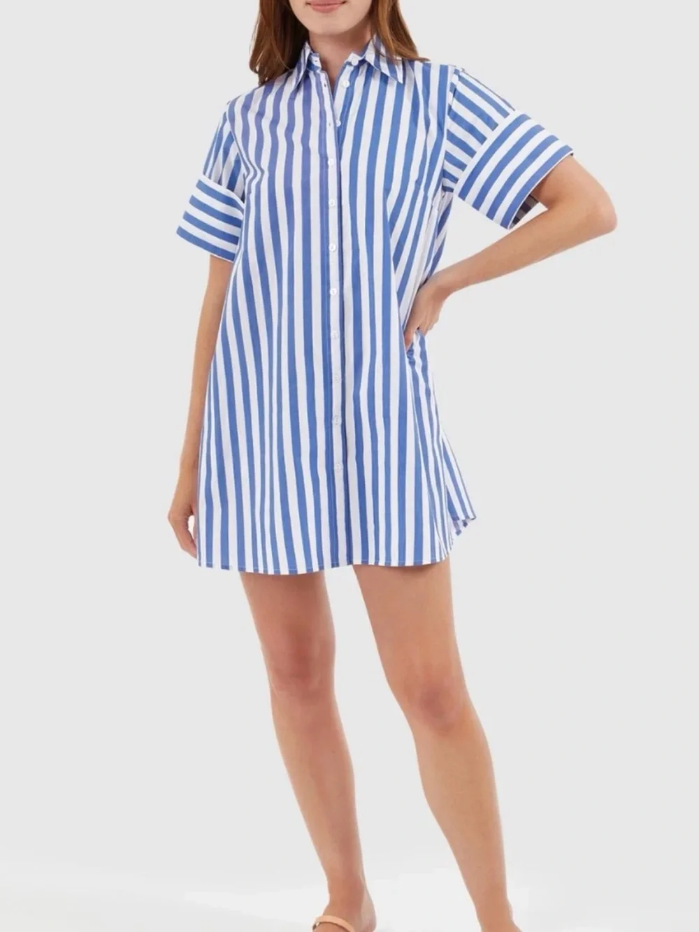 Blue & White Striped Button-Up Livro Dress Large